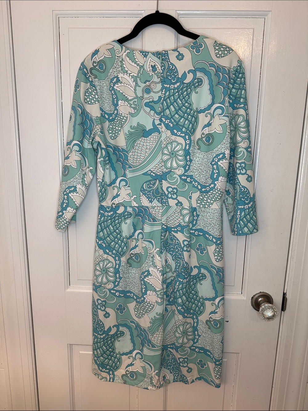 J. McLaughlin Aqua & White Printed Midi Dress size M EUC - Picture 4 of 4
